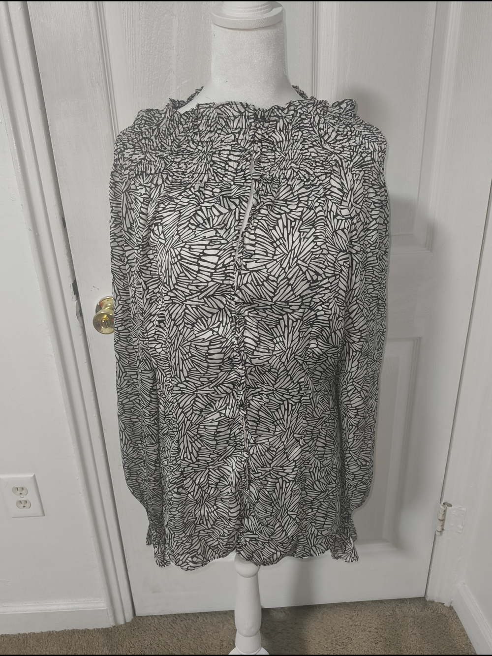Essentials by Milano Black and White Printed Smocked-Neck Blouse